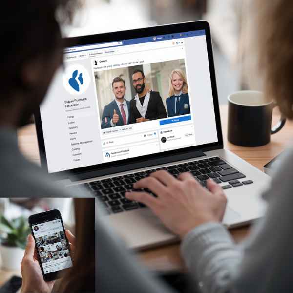 Facebook social media optimization strategy showing business page management, content engagement, and audience growth