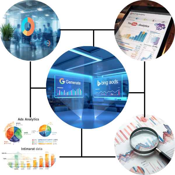 Google Ads and Bing Ads management services illustration showing paid search campaign strategy, keyword targeting, and performance analytics dashboard