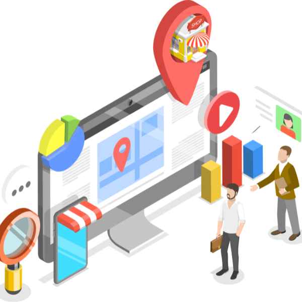 Local SEO services concept illustration showing Google Maps optimization, local keyword targeting, and nearby customer search visibility