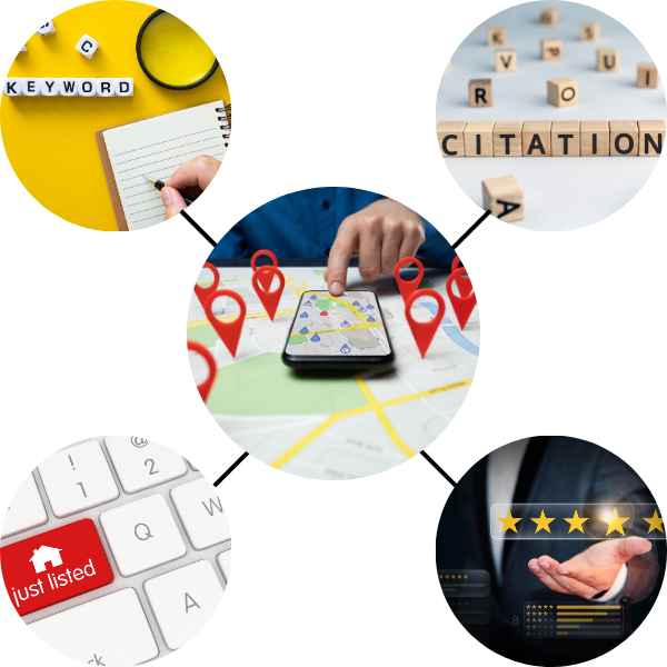 Local SEO services illustration showing business listing optimization, map rankings, and local customer visibility growth"