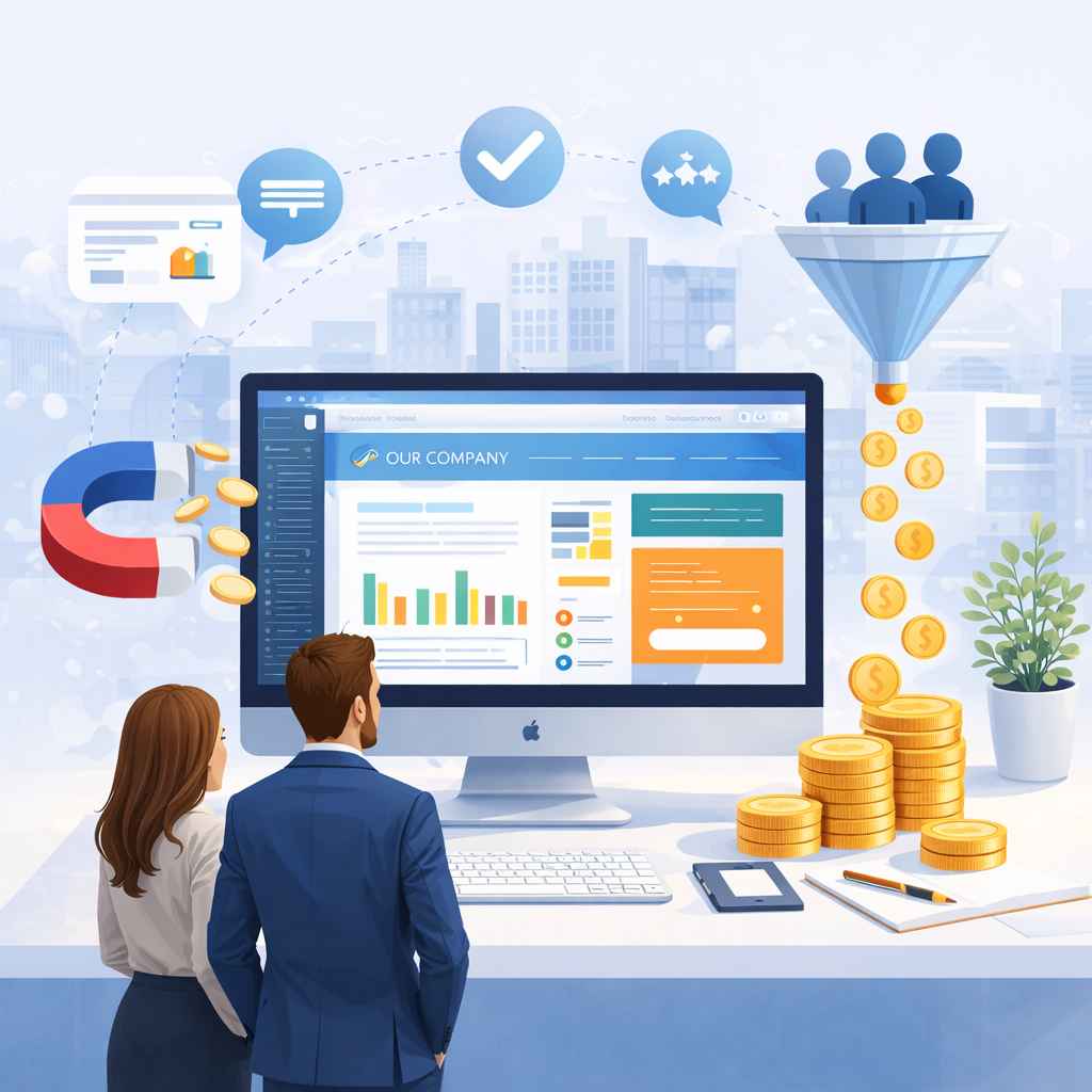 Business website development with lead generation funnel, customer targeting, and revenue growth concept