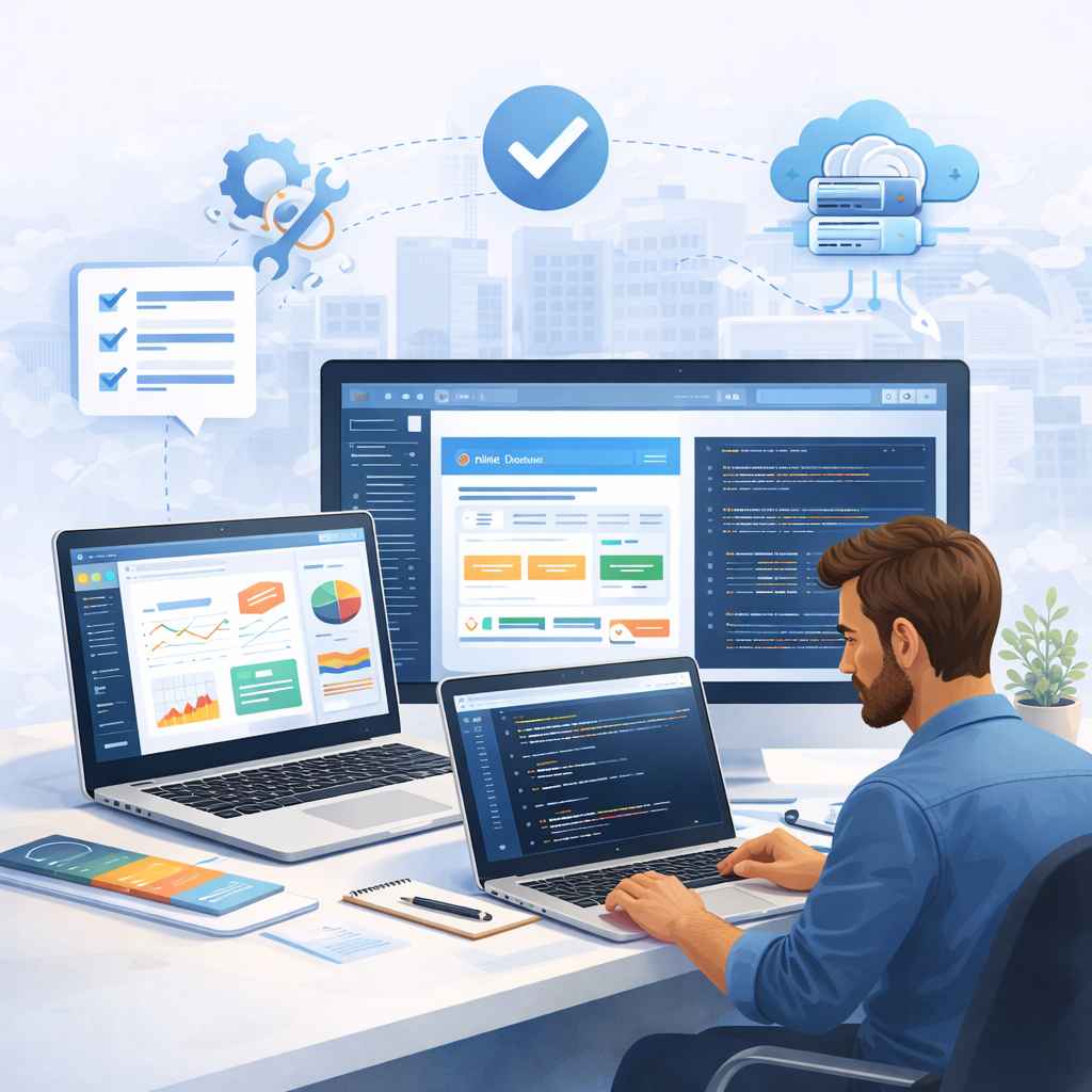 Custom web application development with coding, dashboard interface, and scalable business software solution