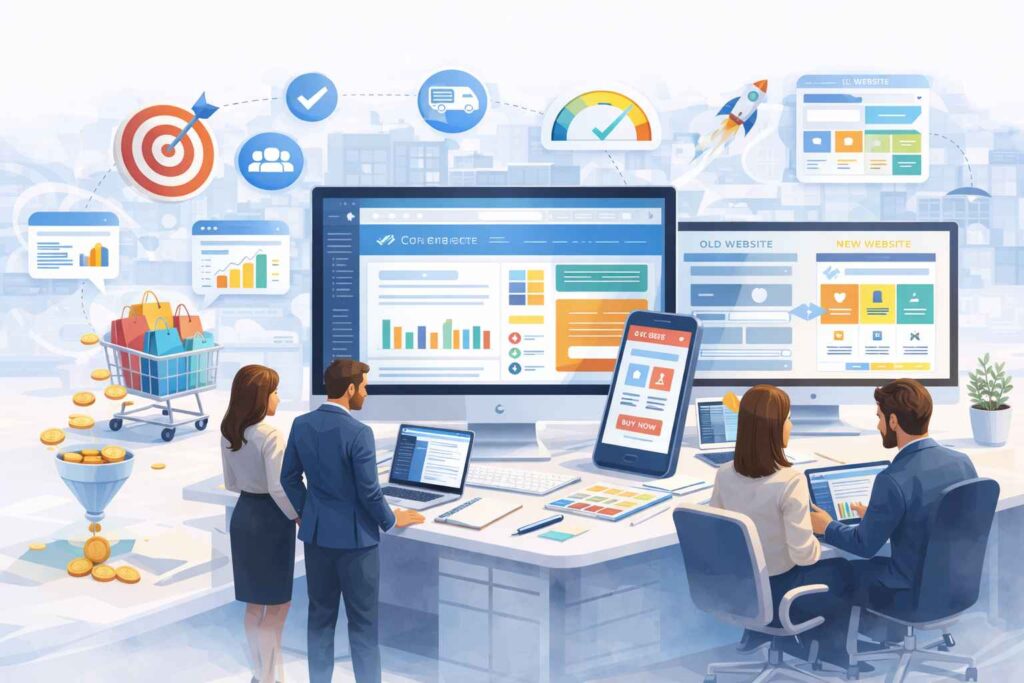 Web design and development services with team collaboration, analytics dashboard, e-commerce, and business growth strategy