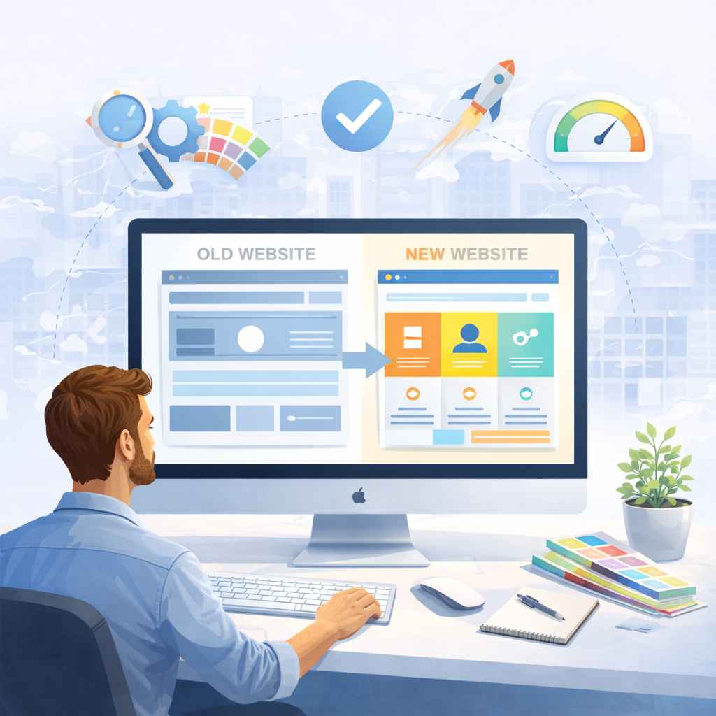 Website redesign services showing old website upgraded to modern design with improved user experience and performance